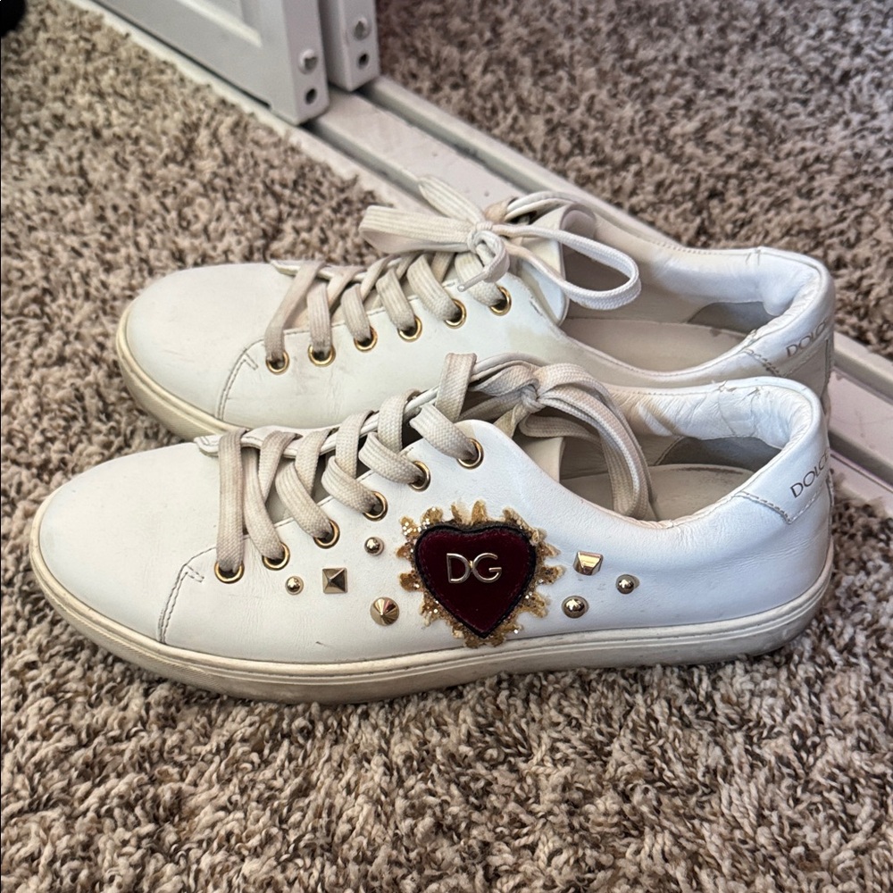 Dolce & Gabbana White Sneakers with Red Heart Detail